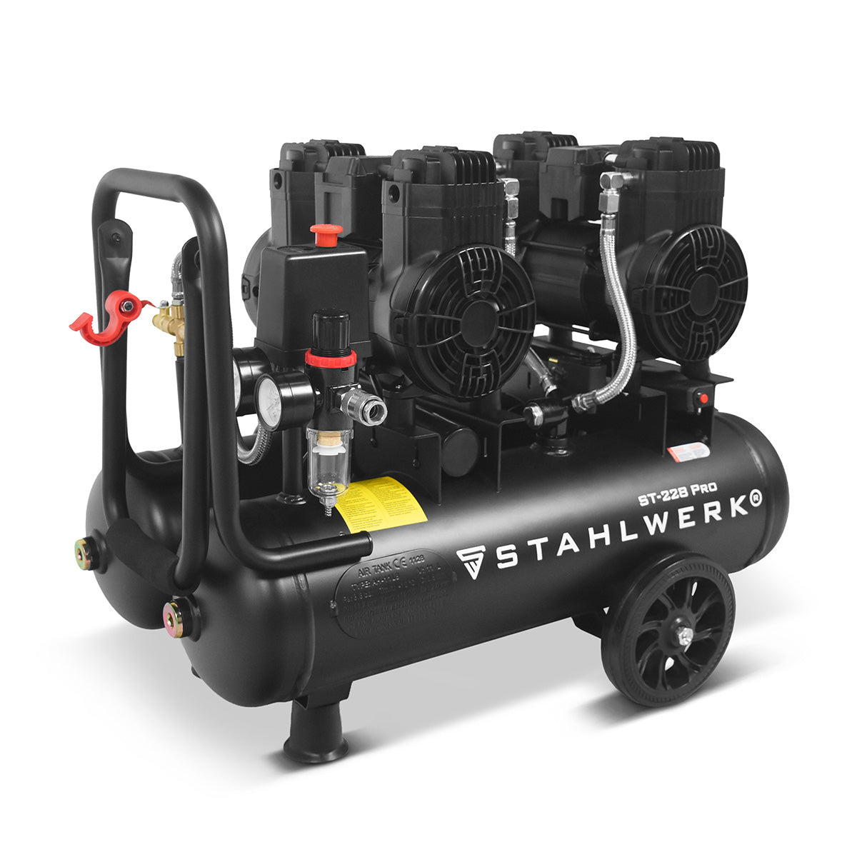 STAHLWERK Kompressor ST-228 Pro mit 8 bar | 3,54 PS | 2,6 kW | 410 l/min | 22 L Tank ölfreier Druckluft-Kompressor | Kolben-Kompressor | Silent-Kompressor | Flüster-Kompressor mit Brushless-Motoren