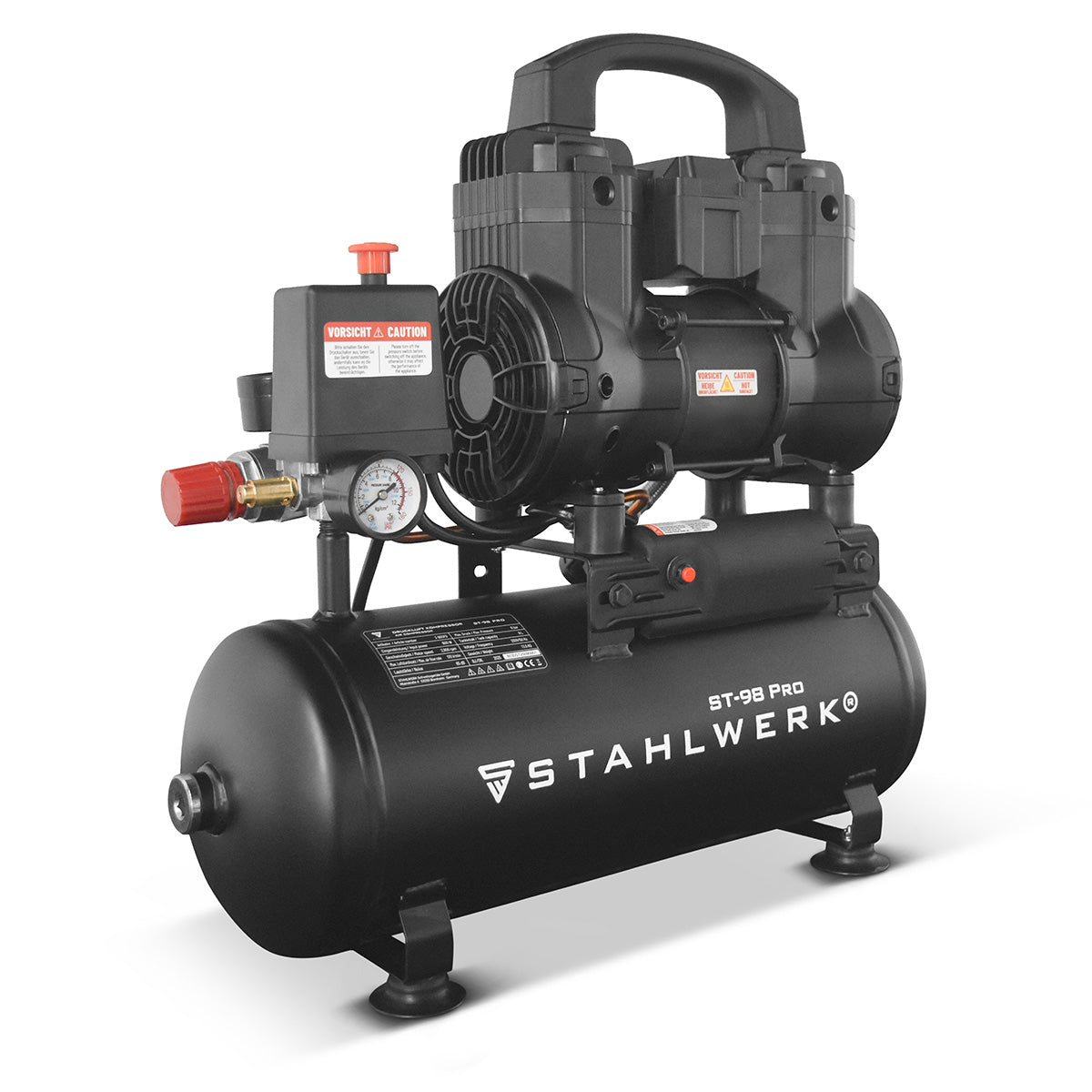 STAHLWERK Kompressor ST-98 Pro mit 8 bar | 1,22 PS | 0,90 kW | 170 l/min | 9 L Tank ölfreier Druckluft-Kompressor | Kolben-Kompressor | Silent-Kompressor | Flüster-Kompressor mit Brushless-Motoren
