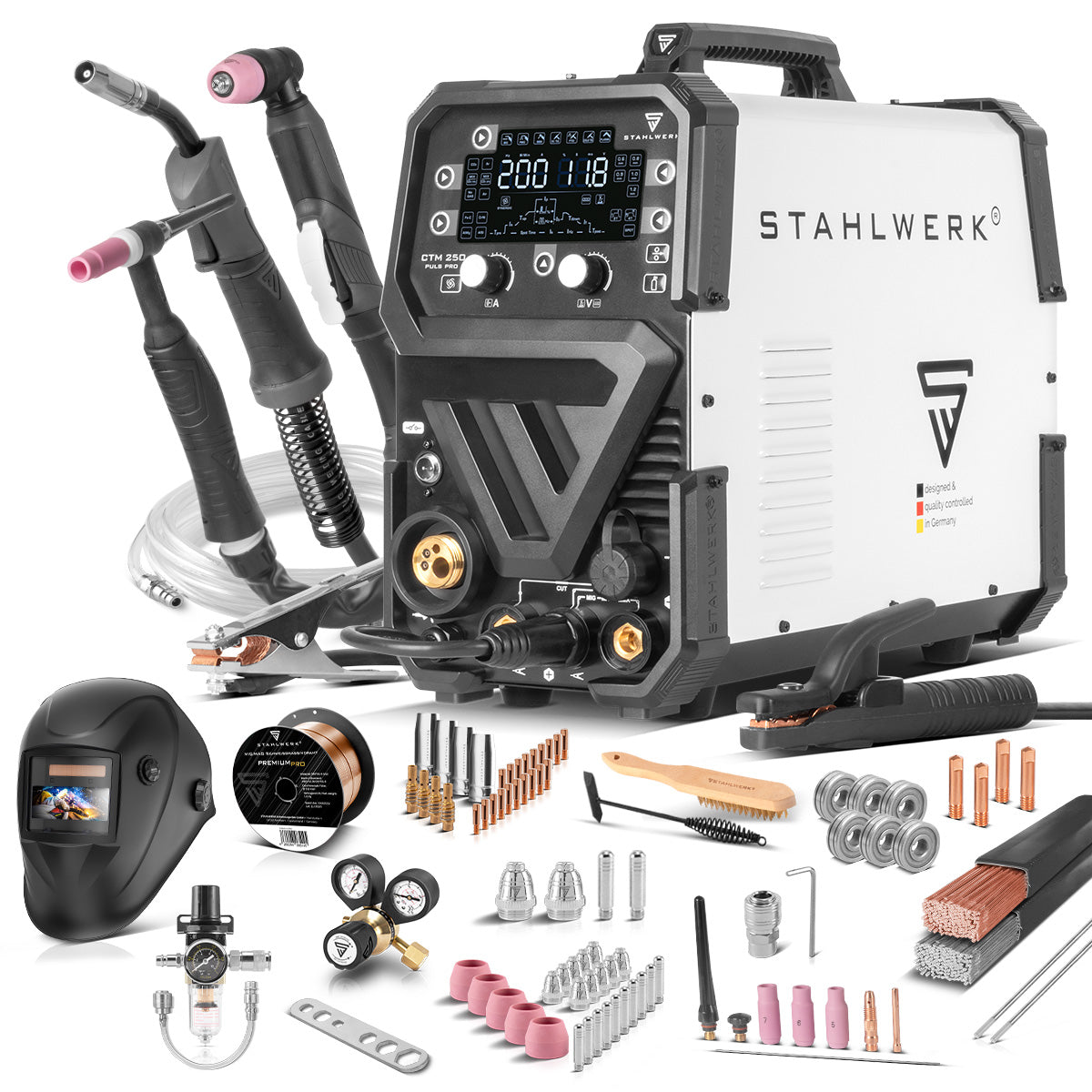 Soldadora combinada STAHLWERK CTM-250 Puls Pro Soldadora 6 en 1 con 200 A | Totalmente equipado | cortadora de plasma 45A | Función de pulso | Alimentador de alambre sinérgico | TIG | MIGMAG | PULSO | MMA | FLUJO