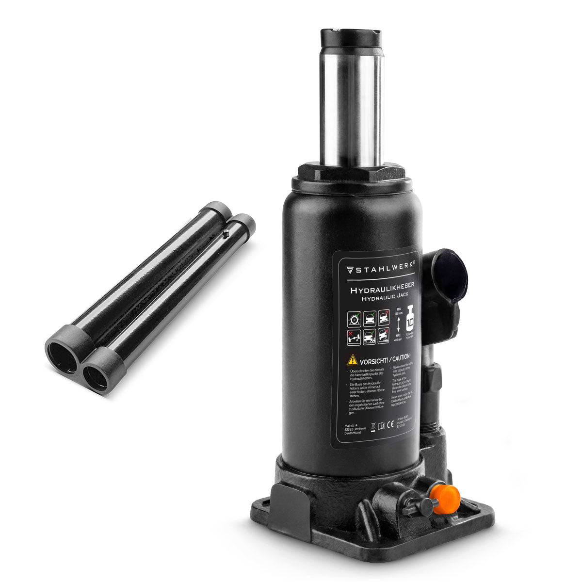 Cric hydraulique STAHLWERK GW1004 avec capacité de charge de 10 t | Plage de course 200 - 405 mm | Prise de tampon compacte | Cric hydraulique | Cric-bouteille stable pour machines, véhicules utilitaires et voitures