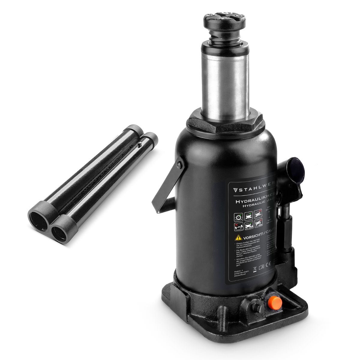 STAHLWERK hydraulic jack GW1604 with 16 t load capacity | Stroke range 225 - 445 mm | Compact stamp jack | Hydraulic car jack | Stable bottle jack for machines, commercial vehicles and cars