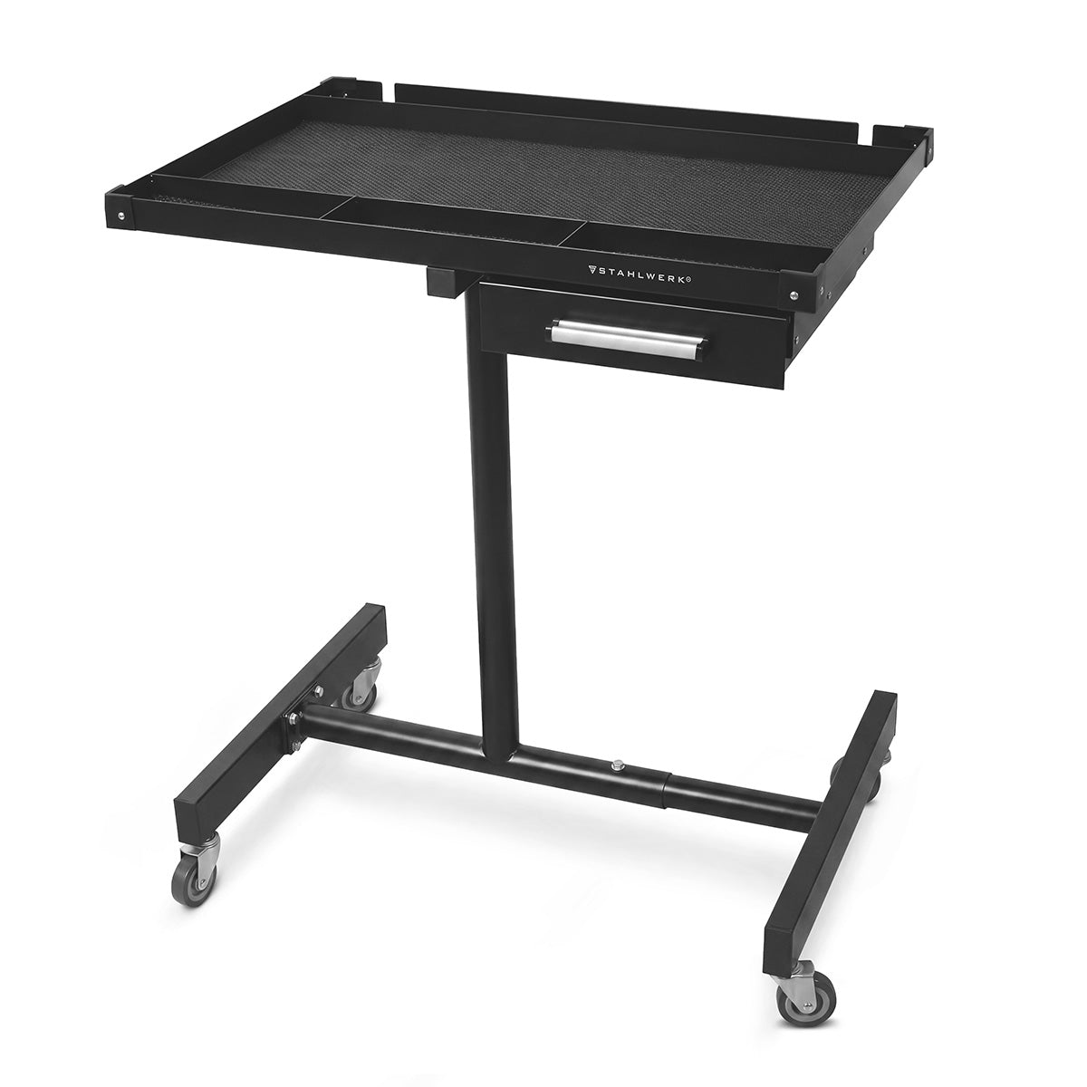 STAHLWERK vehicle maintenance and assembly trolley with drawer | Height-adjustable work table | 87.3 – 125 cm | 100 kg load capacity | Mobile workbench | Ideal for garage, workshop, car repair and DIY