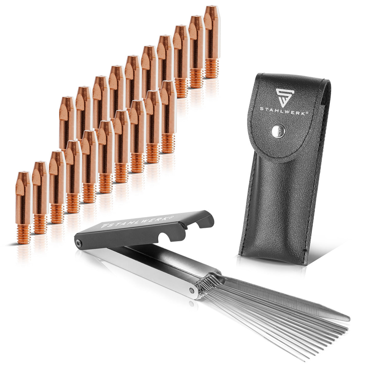 Jeu de pointes de contact STAHLWERK MIG MAG | Jeu de 20 pointes de contact M6x28 0,8 mm | Nettoyant pour buses 13 en 1 dans un étui | Accessoires pour AK25, MB25, KD24, MB24 | Kit de pièces de nettoyage et d'usure pour torches de soudage MIG/MAG