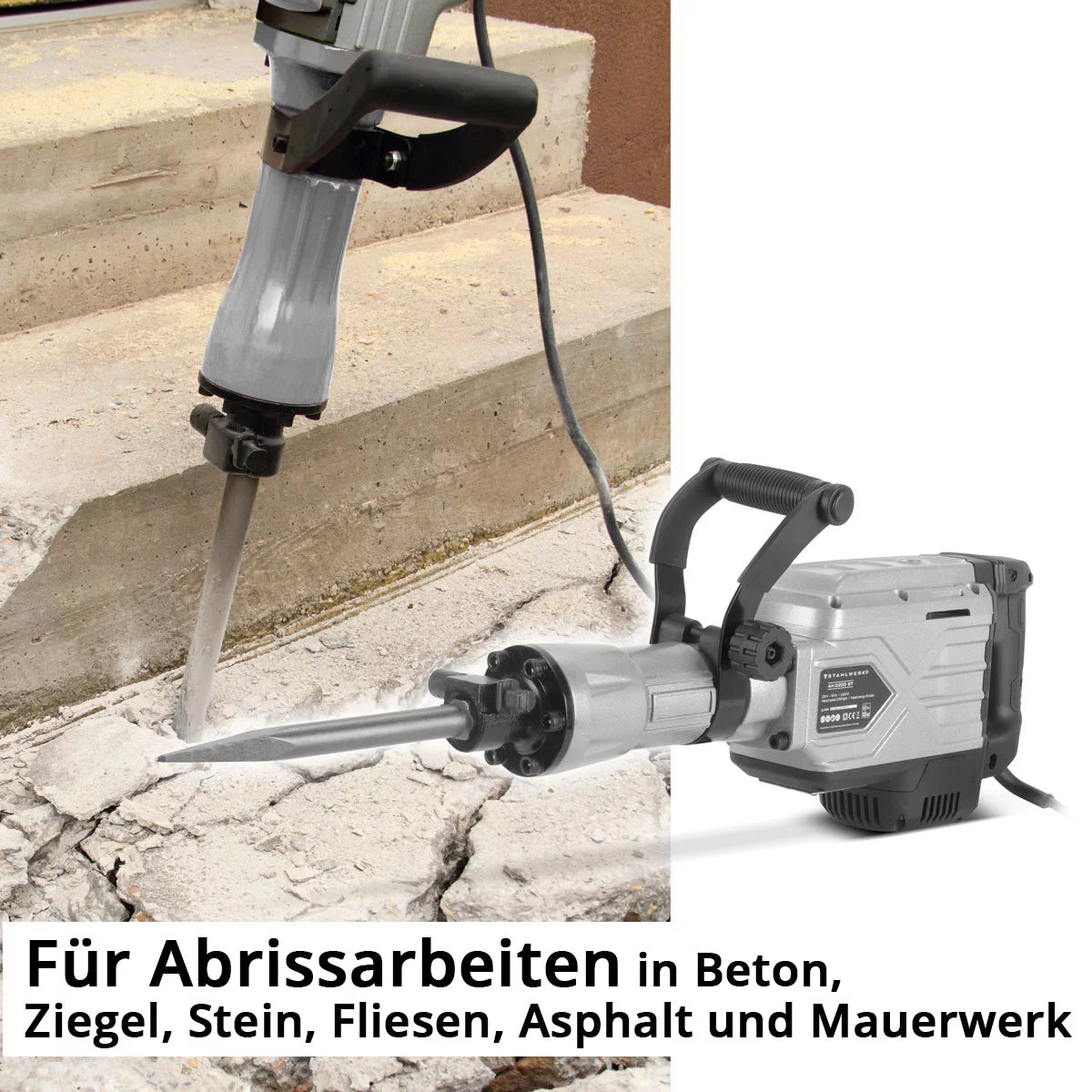 STAHLWERK Abbruchhammer AH-2200 ST mit 2.200 W Leistung, 2.100 Schläge pro Minute und 65 J Schlagkraft Stemmhammer | Meißelhammer | Schlaghammer | Bohrhammer | Abrisshammer mit Spitz- und Flachmeißel