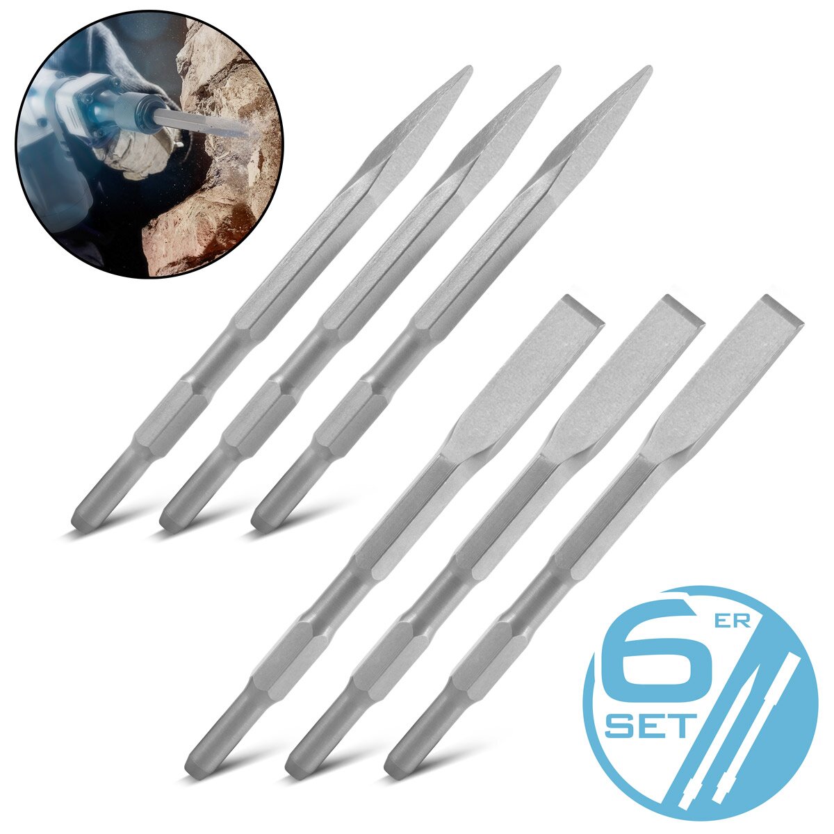 STAHLWERK chisel set of 6 with 3 flat chisels and 3 pointed chisels 17 x 260 mm hexagonal holder for demolition hammer | Mortar hammer | chisel hammer | Impact hammer | Hammer drill | demolition hammer