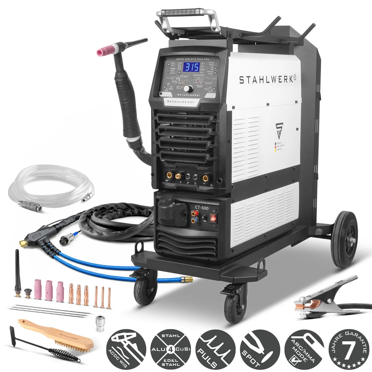 Máquina de soldar STAHLWERK AC/DC TIG 315 Puls Pro - Máquina de soldar industrial refrigerada por agua 315 A con refrigeración por agua de 1,6 kW, pulso AC/DC, MMA/E-hand, encendido por puntos, HF y TIG por elevación, pantalla digital, 400 V