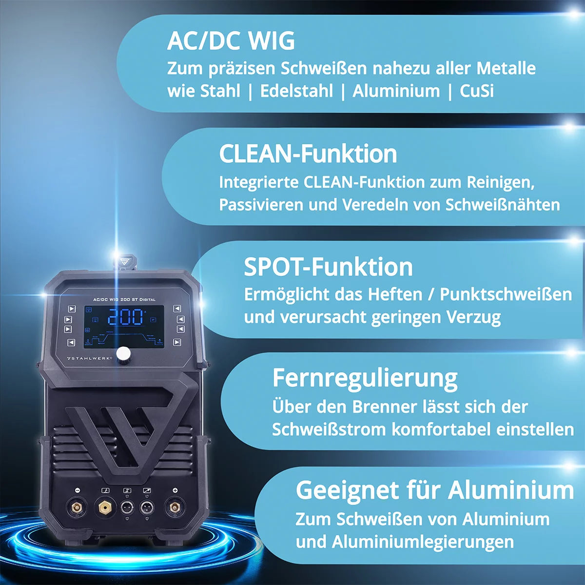 STAHLWERK welding machine AC/DC TIG 200 ST Digital 2026 | 3-in-1 combination welding machine | Spot function | Integrated clean function | Aluminum-suitable TIG/MMA inverter with 200 A | Remotely controllable | Digital control panel
