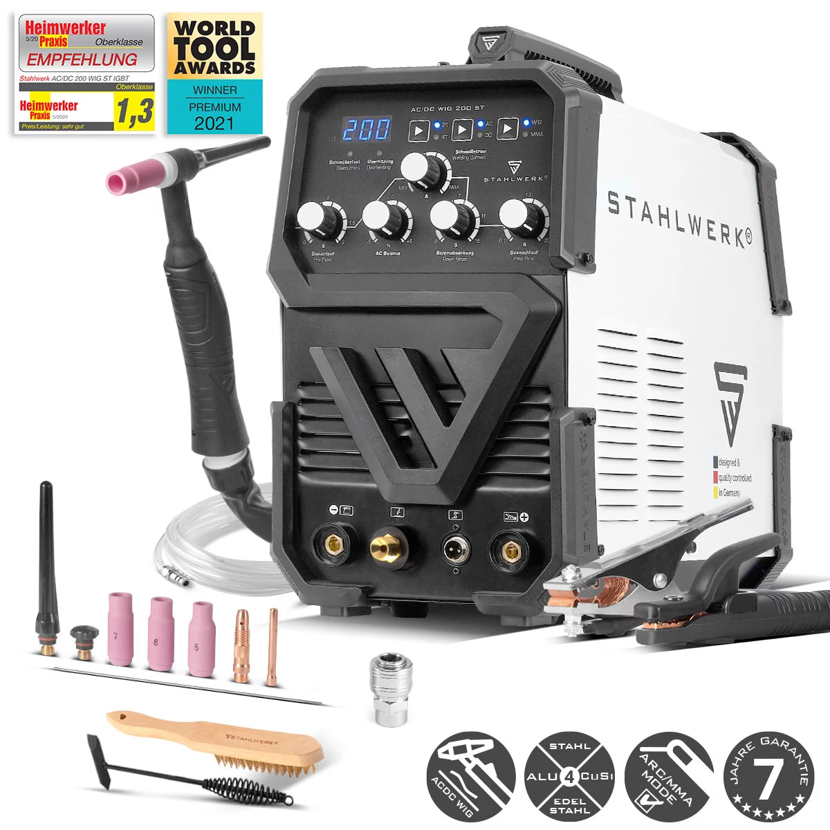 STAHLWERK AC/DC TIG 200 ST | TIG welding machine with 200 A | Combination inverter AC/DC TIG and MMA/E-Hand | HF ignition | Hotstart and Anti-Stick | 2T and 4T mode | AC TIG welding for aluminum