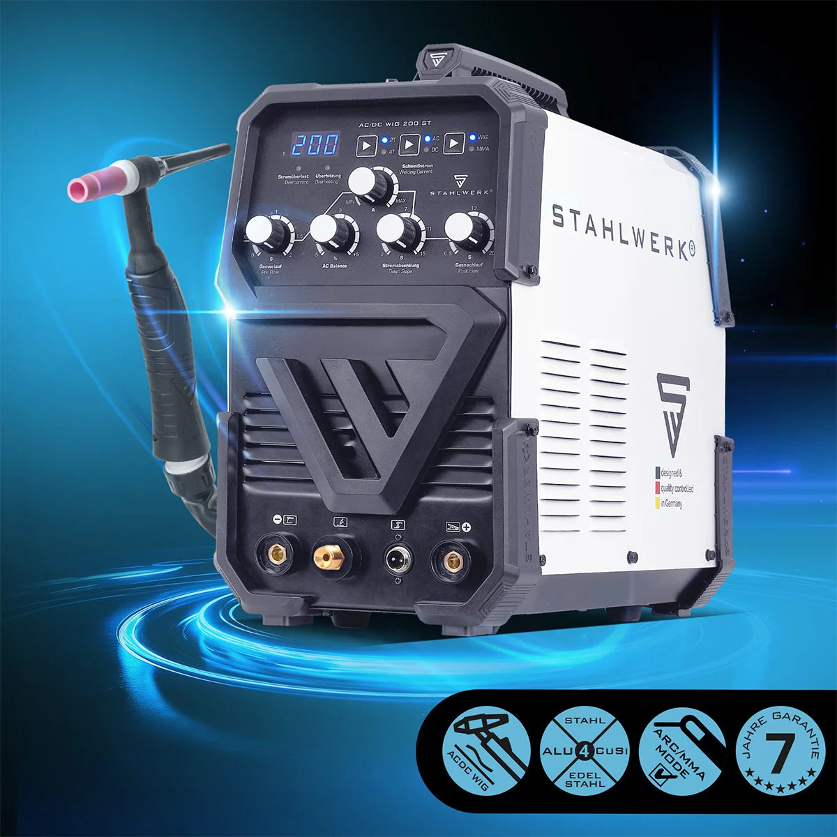 STAHLWERK AC/DC TIG 200 ST | TIG welding machine with 200 A | Combination inverter AC/DC TIG and MMA/E-Hand | HF ignition | Hotstart and Anti-Stick | 2T and 4T mode | AC TIG welding for aluminum
