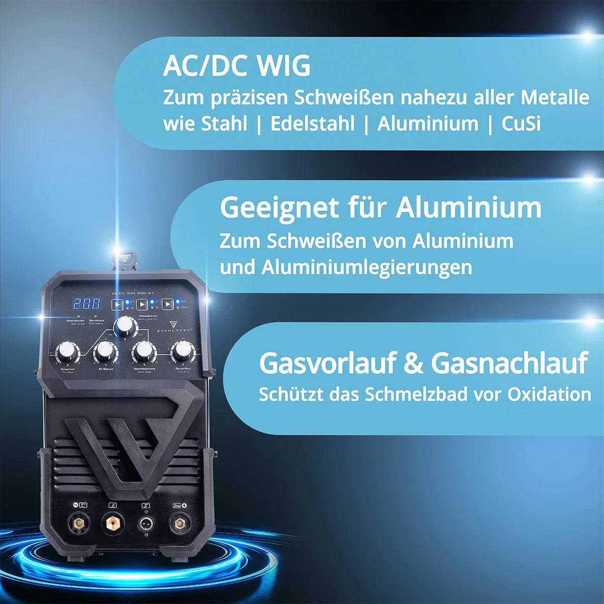 STAHLWERK AC/DC TIG 200 ST | TIG welding machine with 200 A | Combination inverter AC/DC TIG and MMA/E-Hand | HF ignition | Hotstart and Anti-Stick | 2T and 4T mode | AC TIG welding for aluminum