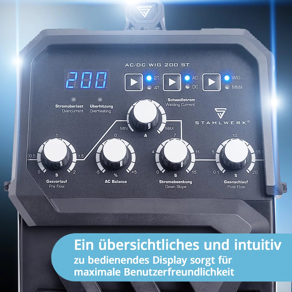 STAHLWERK AC/DC TIG 200 ST | TIG welding machine with 200 A | Combination inverter AC/DC TIG and MMA/E-Hand | HF ignition | Hotstart and Anti-Stick | 2T and 4T mode | AC TIG welding for aluminum