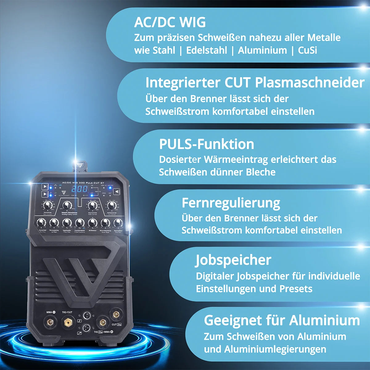 STAHLWERK welding machine AC/DC TIG 200 Puls CUT ST with 200 A TIG & MMA, suitable for aluminum & thin sheet metal, combination device with 45 A CUT function