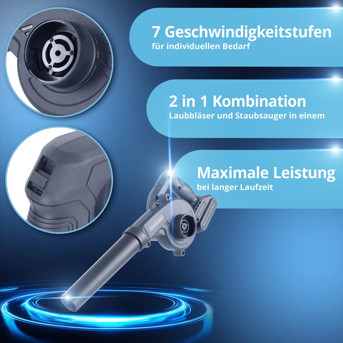 STAHLWERK mini battery blower MAG-20 ST | 20 volt cordless leaf blower with 2Ah | Portable universal blower for garden and street cleaning | Brushless leaf vacuum Compact blower 98 m/s | 0 - 18,000 rpm