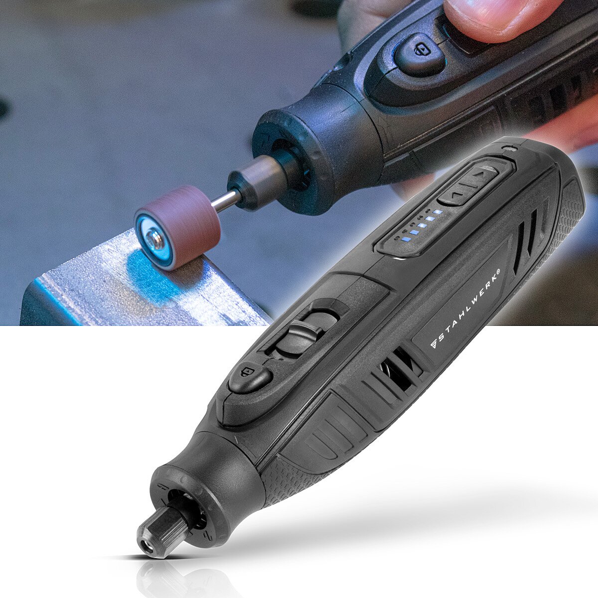Amoladora multiusos a batería STAHLWERK AMF-80 ST 5.000-25.000 rpm 2.000 mAh herramienta multifuncional/herramienta rotativa/amoladora/miniamoladora con 53 accesorios y cable de carga USB