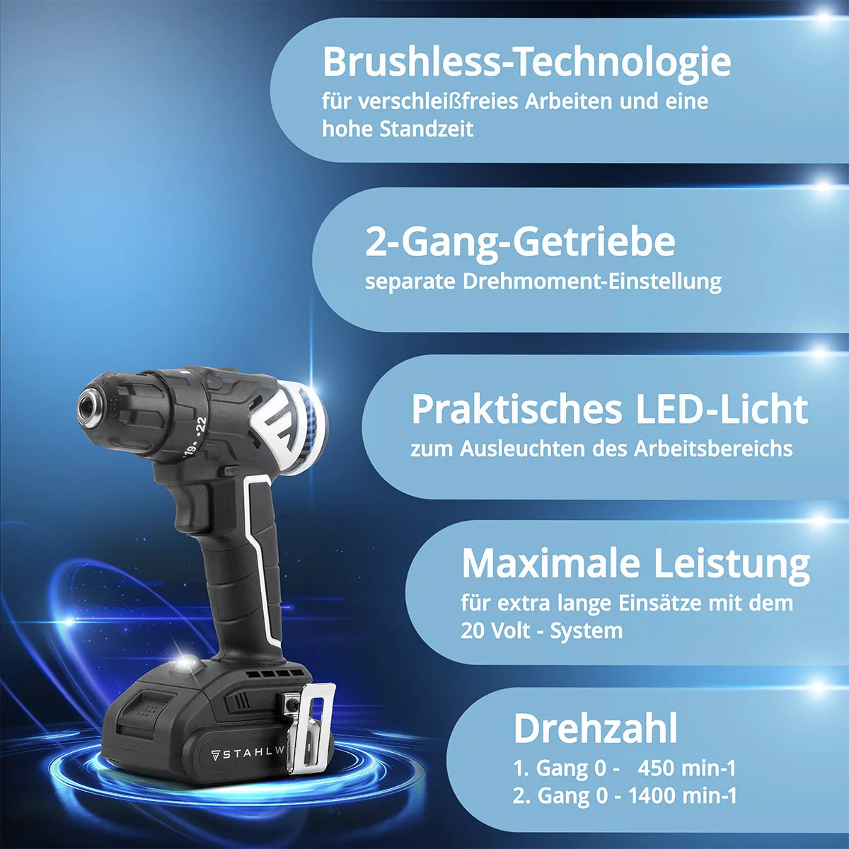 Visseuse sans fil STAHLWERK ABS-18 ST avec 18 volts et technologie sans balais, perceuse/tournevis sans fil | Perceuse sans fil | Perceuse | Ensemble d'outils sans fil comprenant une batterie, un chargeur et une mallette de transport