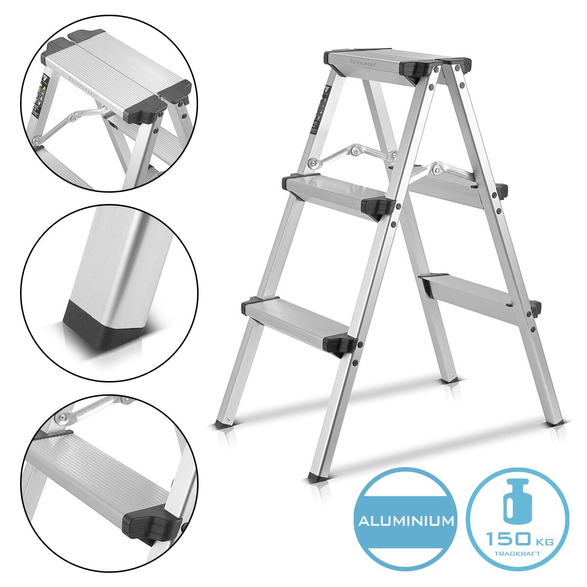 STAHLWERK aluminum step ladder ALT-150 ST up to 150 kg, 3 steps, standing height 72 cm, aluminum ladder | Folding ladder | Folding step | Multi-purpose ladder | Stepladder with non-slip rungs