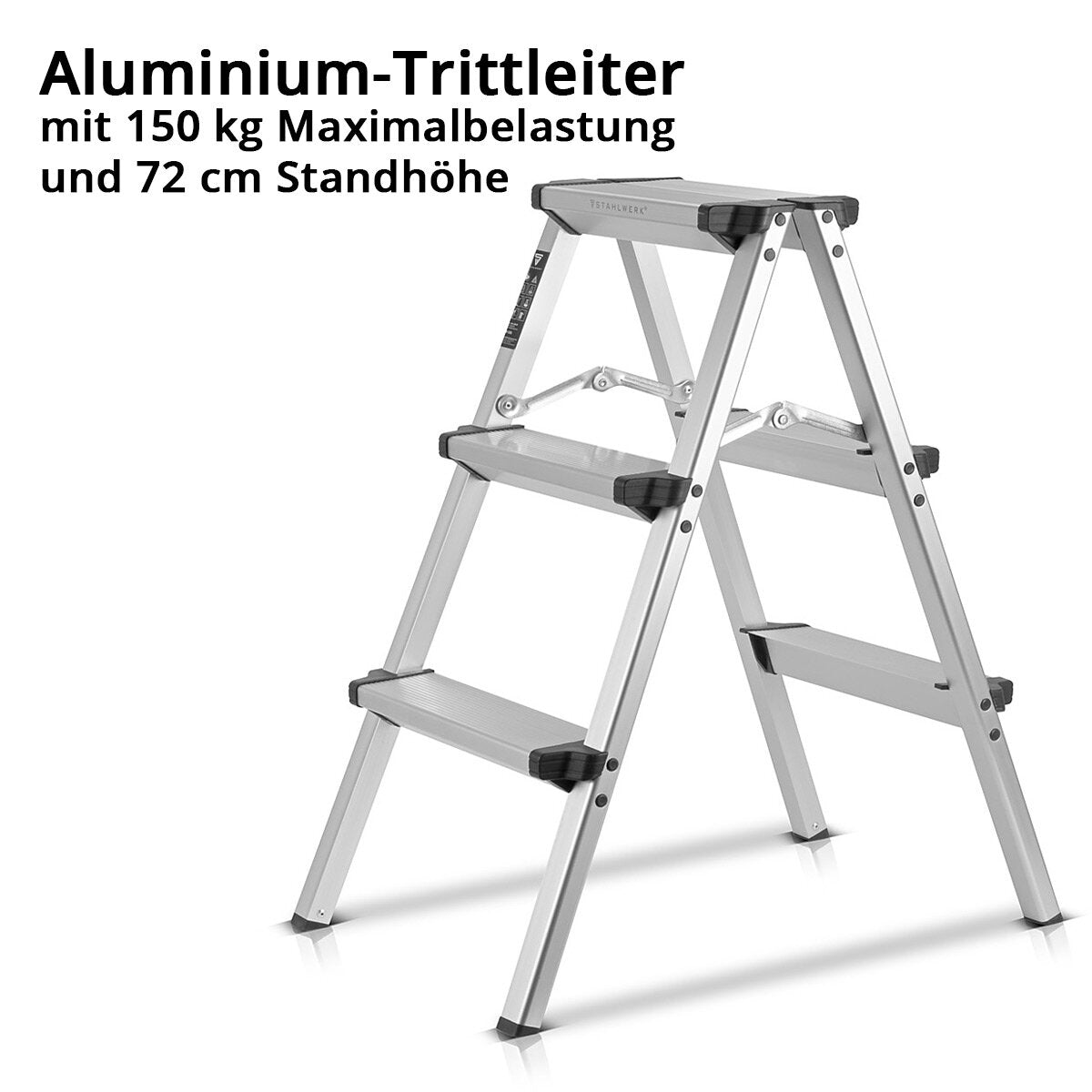 STAHLWERK aluminum step ladder ALT-150 ST up to 150 kg, 3 steps, standing height 72 cm, aluminum ladder | Folding ladder | Folding step | Multi-purpose ladder | Stepladder with non-slip rungs