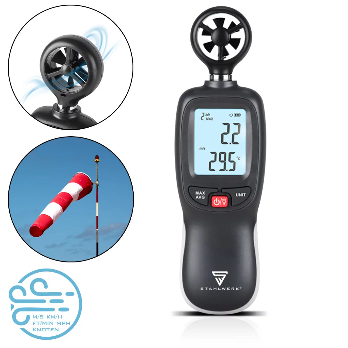 STAHLWERK Anemometer | Compact air speed meter 30 m/s | Wind measuring device | Airflow meter | Precise measurement of wind speed data | Digital air temperature gauge with LCD display