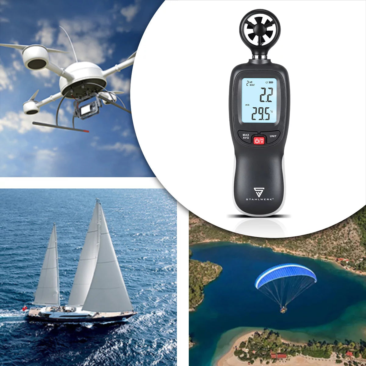 STAHLWERK Anemometer | Compact air speed meter 30 m/s | Wind measuring device | Airflow meter | Precise measurement of wind speed data | Digital air temperature gauge with LCD display
