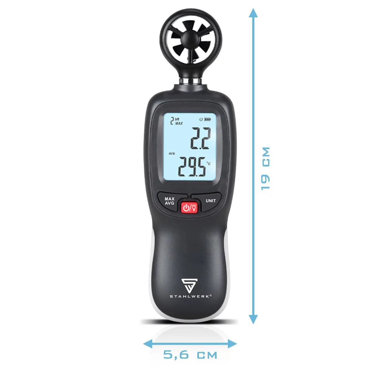 STAHLWERK Anemometer | Compact air speed meter 30 m/s | Wind measuring device | Airflow meter | Precise measurement of wind speed data | Digital air temperature gauge with LCD display