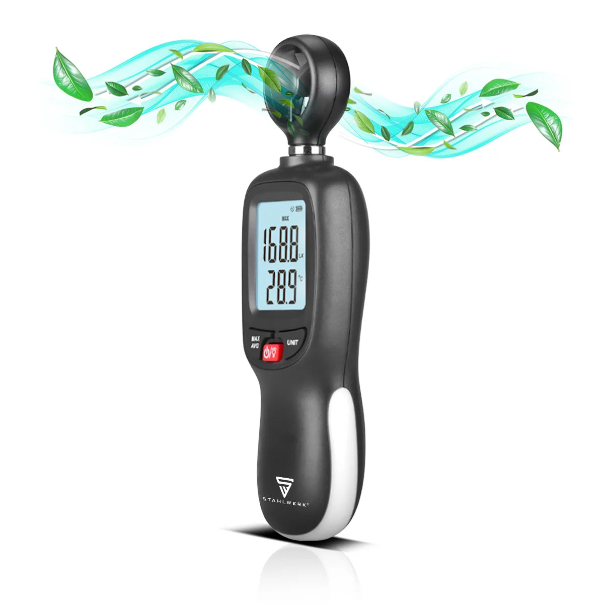 STAHLWERK Anemometer | Compact air speed meter 30 m/s | Wind measuring device | Airflow meter | Precise measurement of wind speed data | Digital air temperature gauge with LCD display