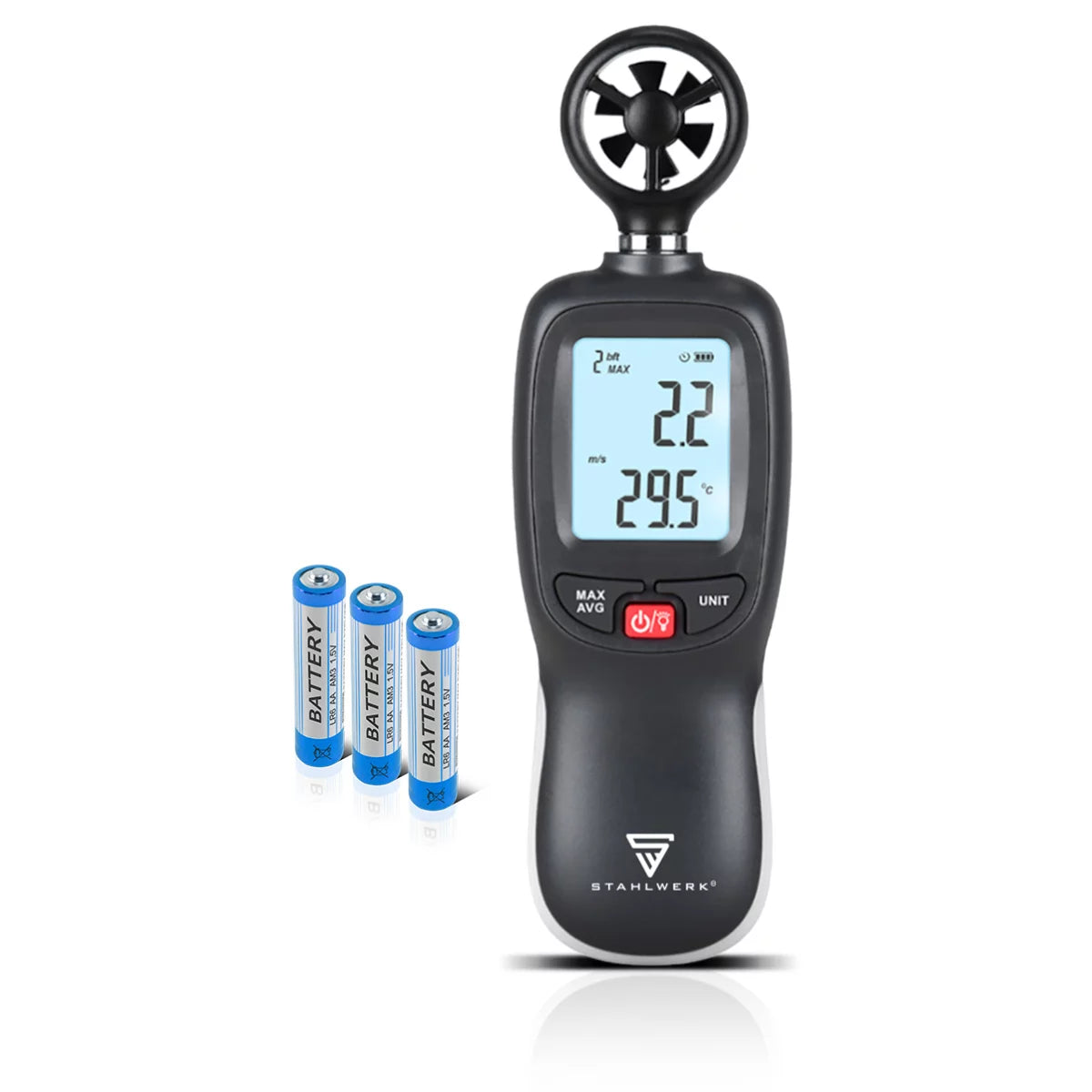 STAHLWERK Anemometer | Compact air speed meter 30 m/s | Wind measuring device | Airflow meter | Precise measurement of wind speed data | Digital air temperature gauge with LCD display