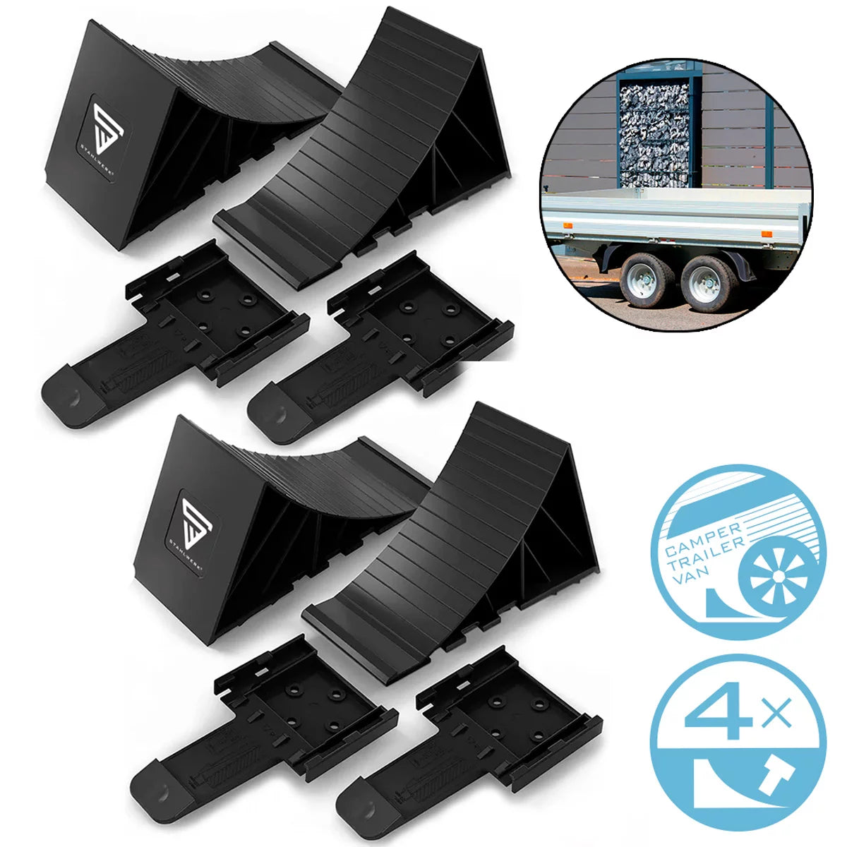 Cunei per ruote STAHLWERK con supporto GT-01 ST set da 4 cunei per freni con carico per asse fino a 1,5 t | ostacolo | Cunei da ruota | Cunei per ruote per rimorchi per auto, camper, roulotte o roulotte