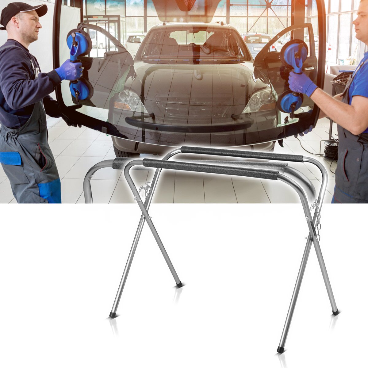 Support de travail pliable STAHLWERK TAS-220 ST | support de disque mobile | support de pare-brise stable en acier avec rembourrage en mousse | Support de peinture de réparation automobile| Réparation automobile | capacité de charge jusqu'à 220 kg