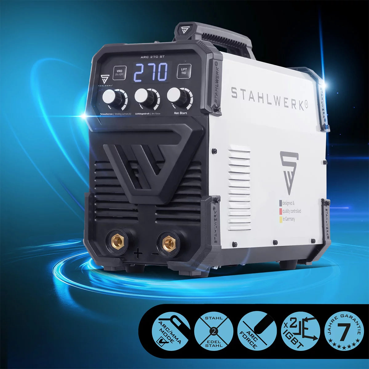 STAHLWERK ARC 270 ST fully equipped IGBT welding machine DC MMA / E-hand welder, lift-TIG function with real 270 amps, very compact, 400V, white