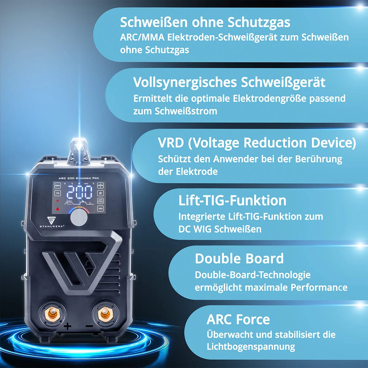 STAHLWERK ARC 200 Synergic Pro fully equipped electrode welding machine, fully synergic MMA | E-hand | Lift-TIG inverter with 200 amps and IGBT technology