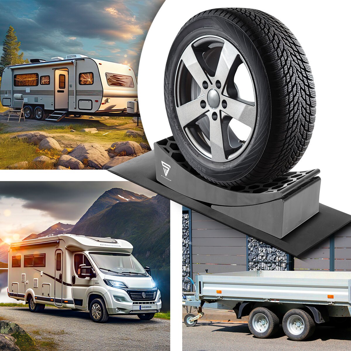 Cuñas de calce STAHLWERK GT-17 ST juego de 2 calzos para ruedas con carga por eje de hasta 15,8 t | Cuña escalonada | Cuña compensadora | Cuña redonda para autocaravanas, campers, autocaravanas, caravanas o caravanas