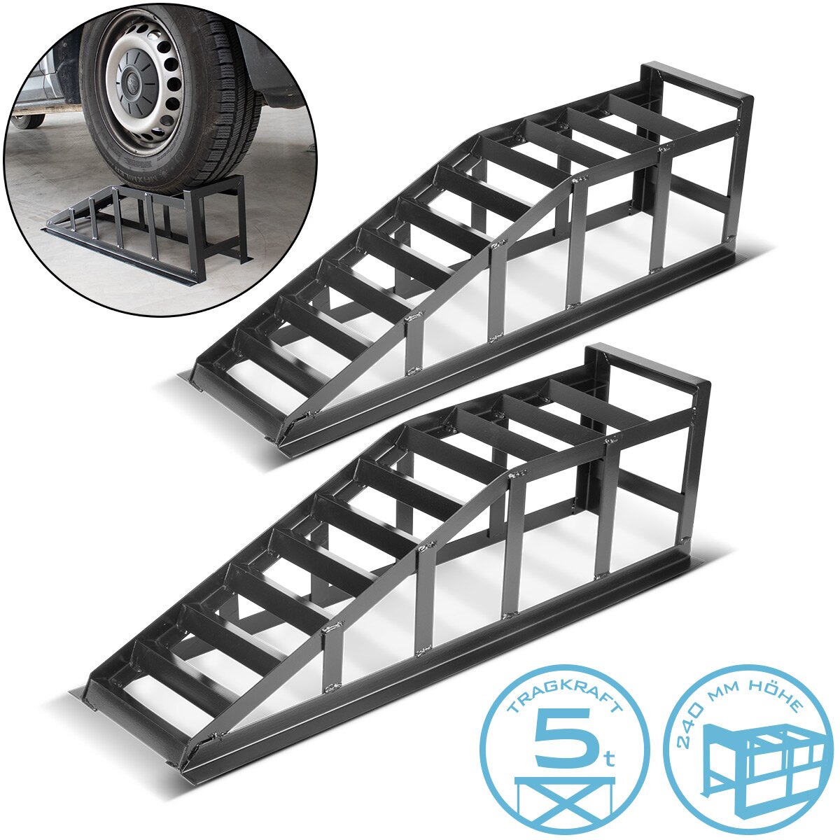Rampa d'accesso STAHLWERK GT-14 ST set da 2 con rampa con portata di 2 tonnellate | Rampa per auto | Rampa per auto | Cavalletto per autoveicoli