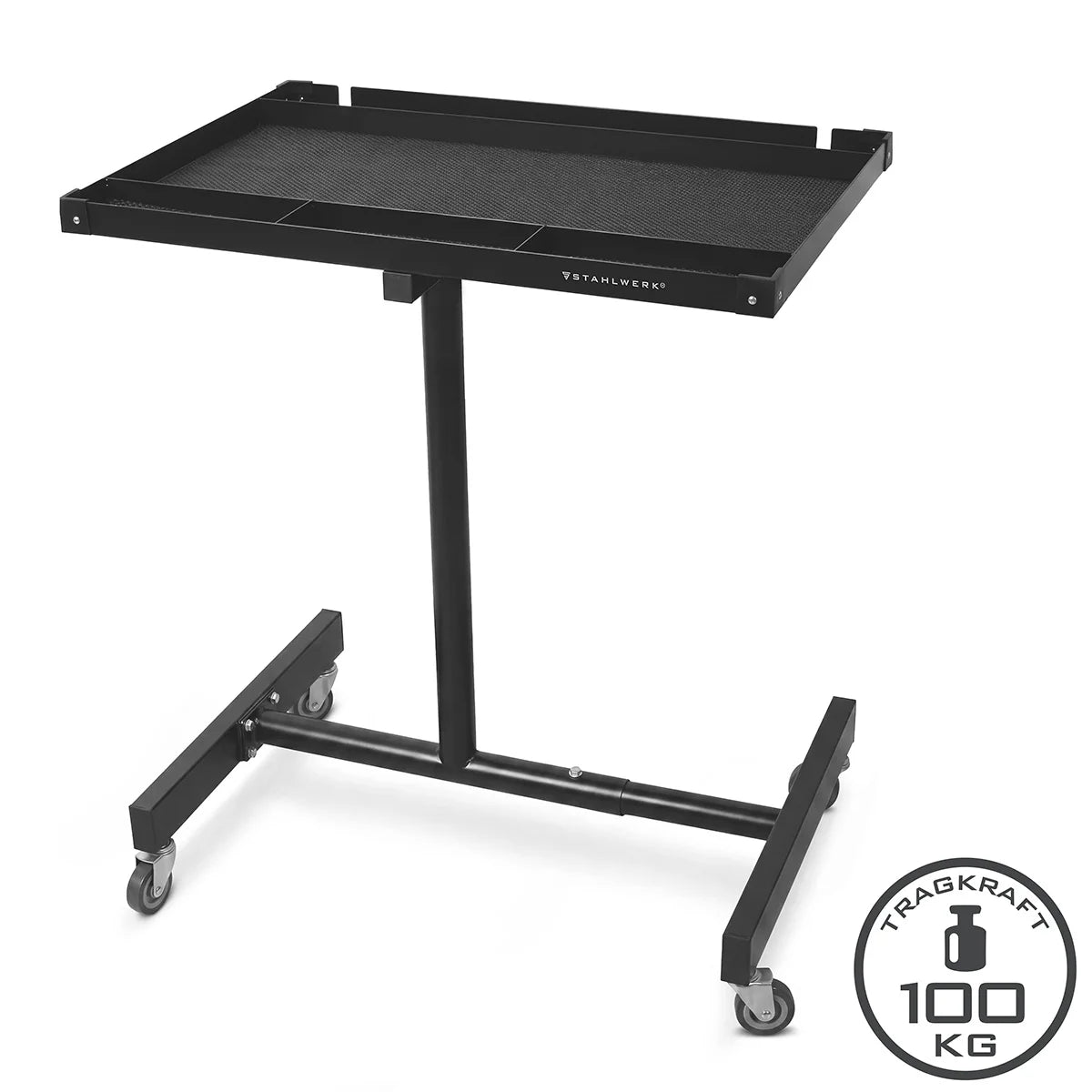 STAHLWERK vehicle maintenance and assembly trolley with swivel castors | Height-adjustable work table | 87.3 – 125 cm | 100 kg load capacity | Mobile workbench | Ideal for garage, workshop, car repair and DIY