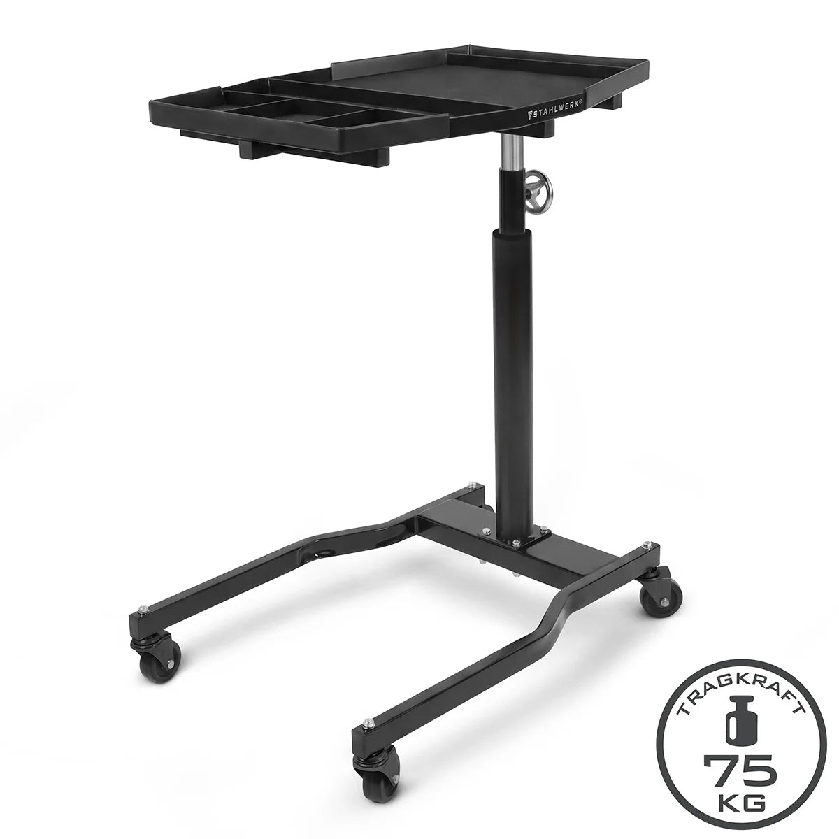 STAHLWERK car maintenance and assembly trolley | Height-adjustable workshop trolley | 74.5 – 140 cm | 75 kg load capacity | Swivel work table | Practical storage and work space for workshops and garages