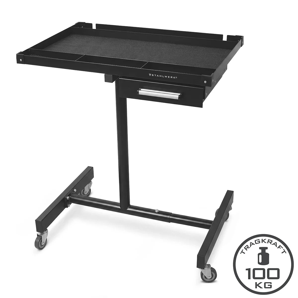 STAHLWERK vehicle maintenance and assembly trolley with drawer | Height-adjustable work table | 87.3 – 125 cm | 100 kg load capacity | Mobile workbench | Ideal for garage, workshop, car repair and DIY