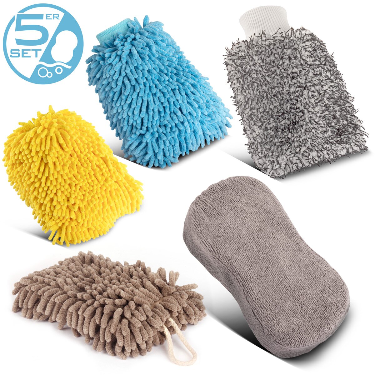 STAHLWERK Autowaschhandschuh 5er Set -Reinigungshandschuh | Mikrofaser-Schwamm | Mikrofaser-Tuch | Autoschwamm | Mikrofaser-Handschuh | Putzhandschuh