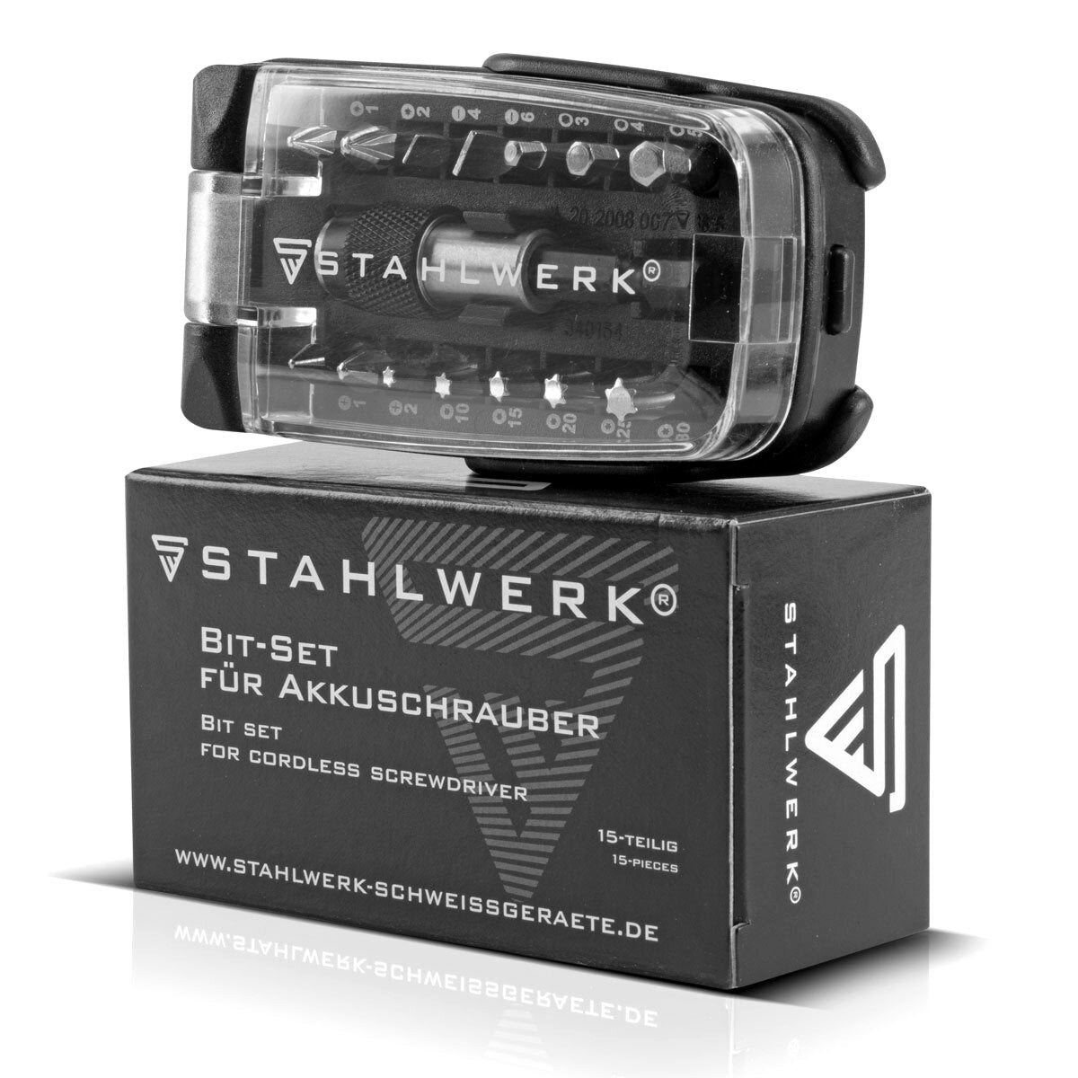 STAHLWERK 15-piece professional bit set made of chrome vanadium steel with magnetic holder and quick-change device for cordless screwdrivers and hand drills