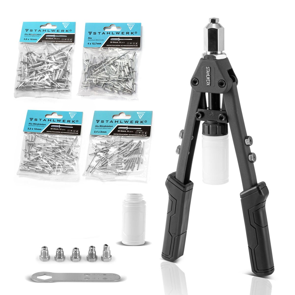 STAHLWERK HNZ-130 ST Pince à rivets à levier professionnelle robuste et pince à mandrin / pince à rivets aveugles en acier au chrome-molybdène nickelé - jeu de 8 pièces comprenant 200 rivets et 5 inserts interchangeables