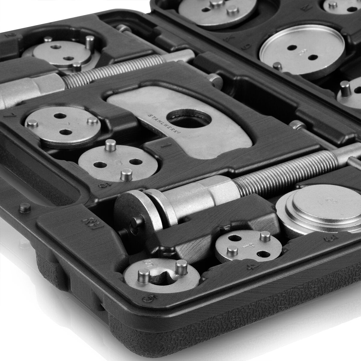 STAHLWERK Kit de réinitialisation du piston de frein 22 pièces Réinitialiseur de piston d'étrier de frein | Réinitialisation des freins | Réinitialisation du piston | Jeu d'outils de réinitialisation pour pistons d'étrier de frein automobile