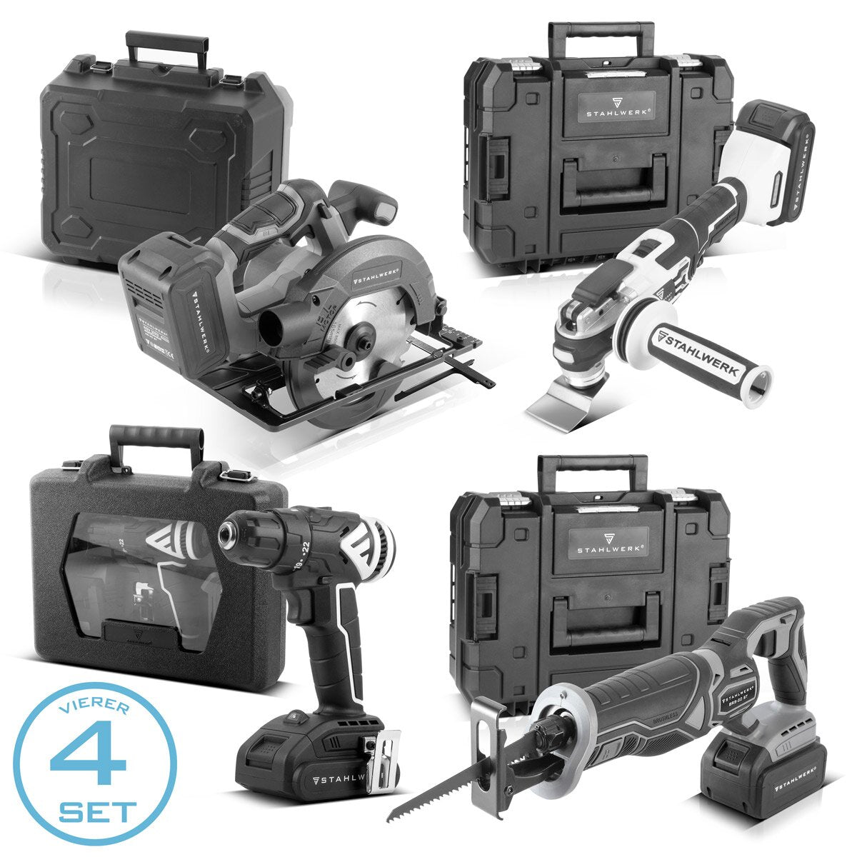 STAHLWERK Brushless Akku Set | Handkreissäge AKS-20 ST | Oszillierendes Multifunktionswerkzeug OMTB-20 ST | Säbelsäge BRS-20 ST | Bohrschrauber ABS-18 ST