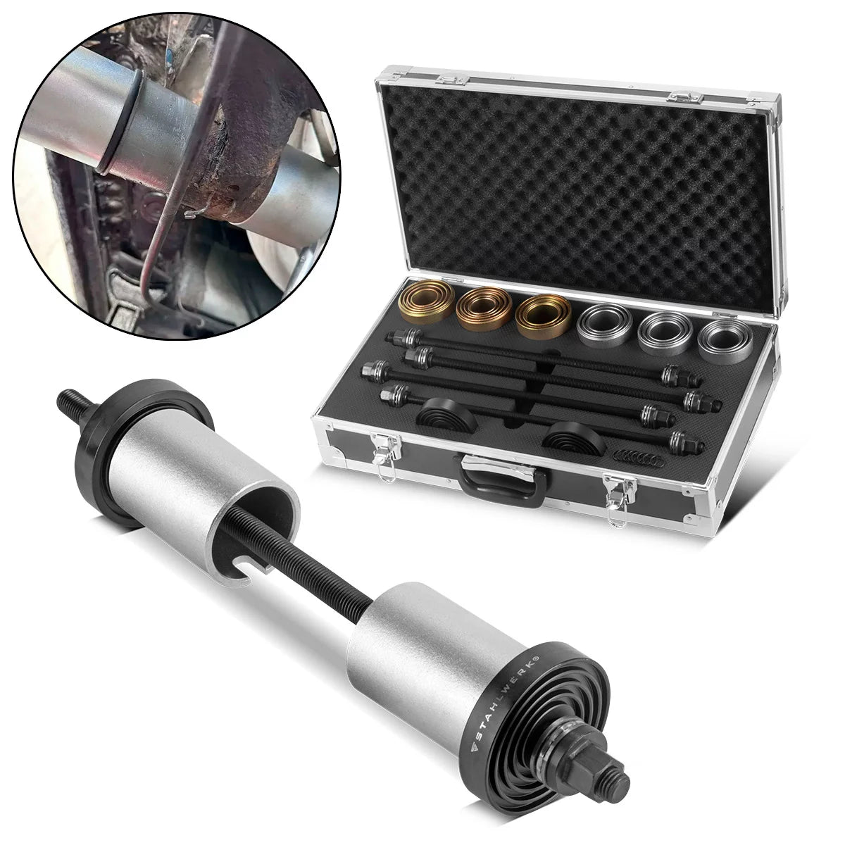 Jeu d'extracteurs de coussinets STAHLWERK | Outil à roulement silencieux | Extracteur de roulement de roue | Outil de roulement de bague | Coffret d'outils de 27 pièces pour le montage et le démontage des roulements de roue et des bagues de châssis