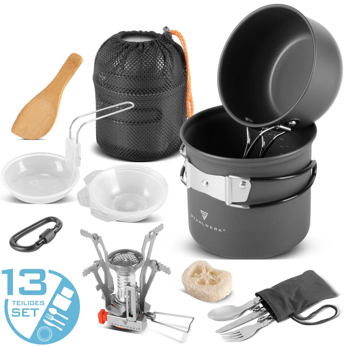STAHLWERK Batterie de cuisine de camping | Vaisselle de camping en aluminium complète avec casserole, poêle, cuisinière à gaz, bols en plastique et couverts | ensemble de cuisine d'extérieur de haute qualité