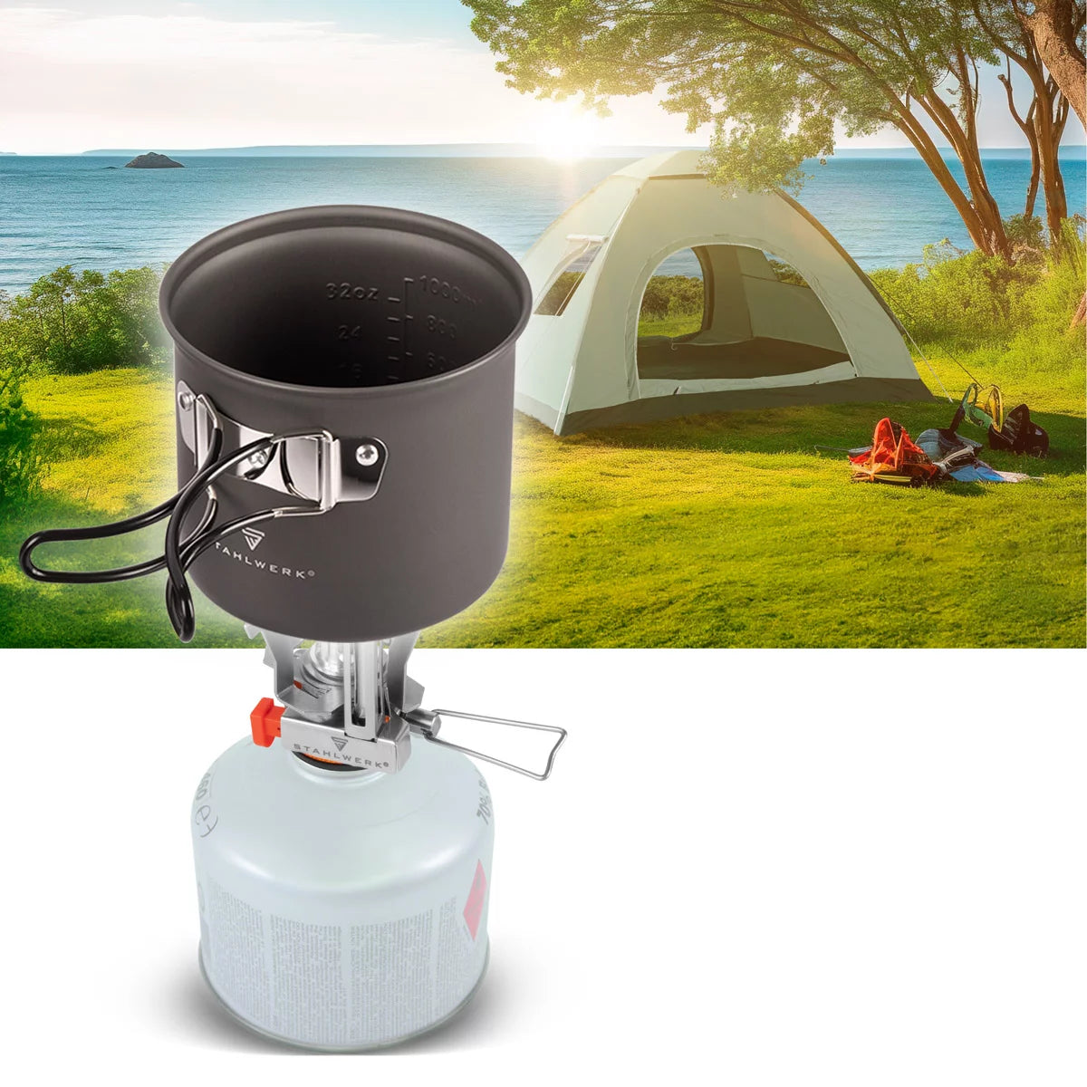 STAHLWERK Batterie de cuisine de camping | Vaisselle de camping en aluminium complète avec casserole, poêle, cuisinière à gaz, bols en plastique et couverts | ensemble de cuisine d'extérieur de haute qualité