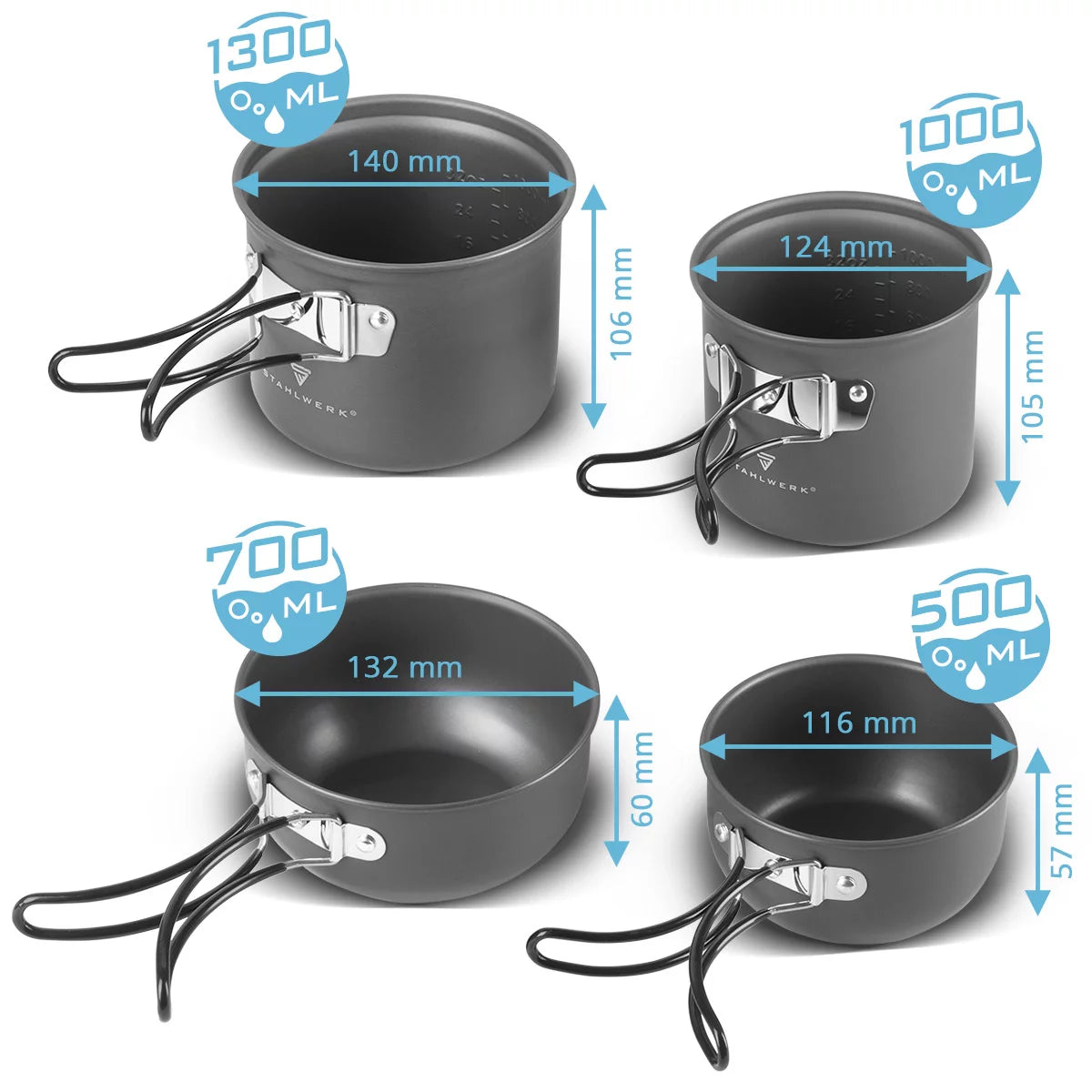 Set di pentole da campeggio STAHLWERK 4 pezzi in alluminio Pentole da esterno con rivestimento antiaderente | Set da cucina da campeggio con pentole e coperchi | Set di vasi da esterno | Stoviglie da campeggio