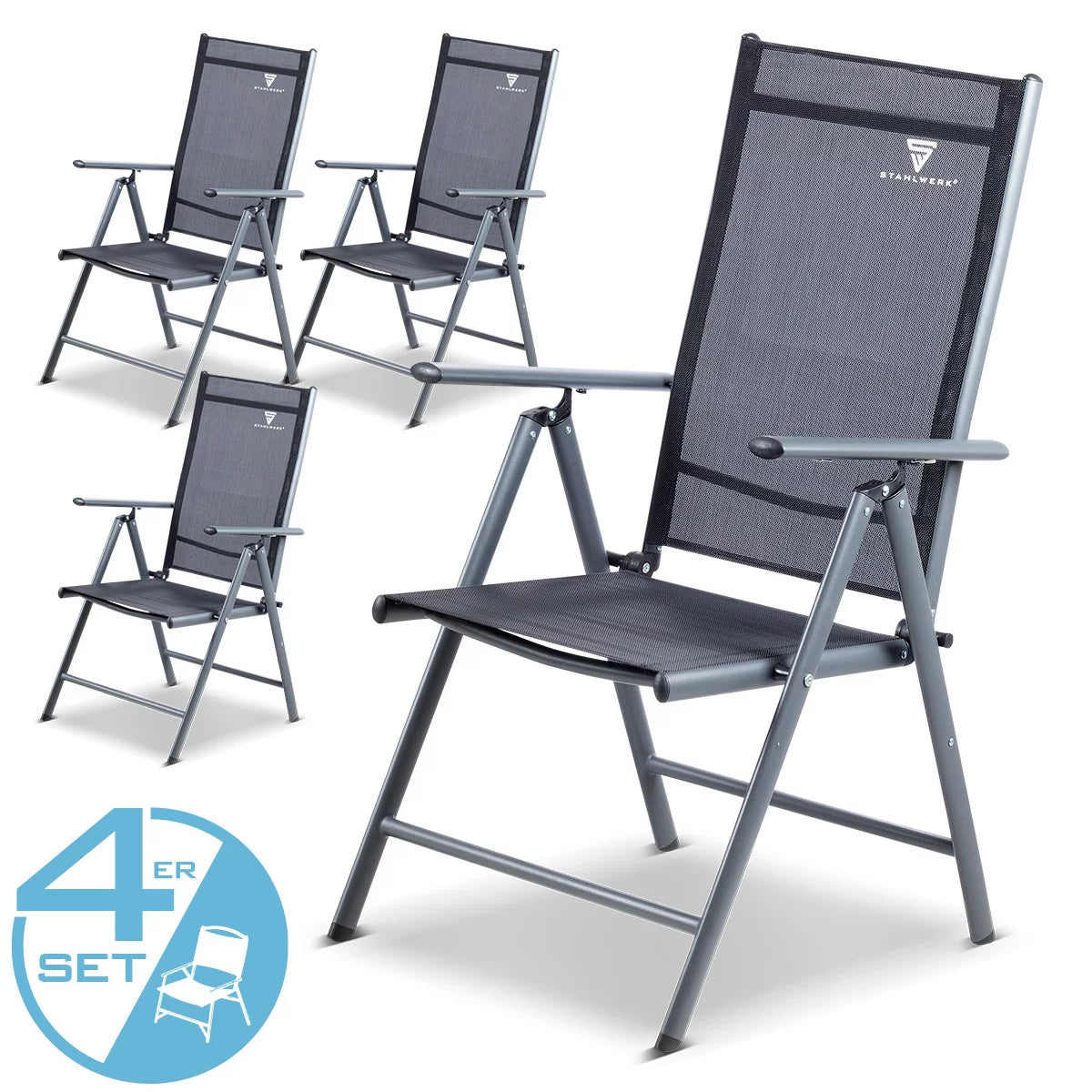 STAHLWERK Chaise de camping CS-103 ST Lot de 4 chaises de jardin | Chaise pliante | chaise pliante | Chaise en aluminium | Chaise à dossier haut | Meubles de terrasse | Chaise de pêche | Chaise de balcon avec accoudoir et dossier réglable