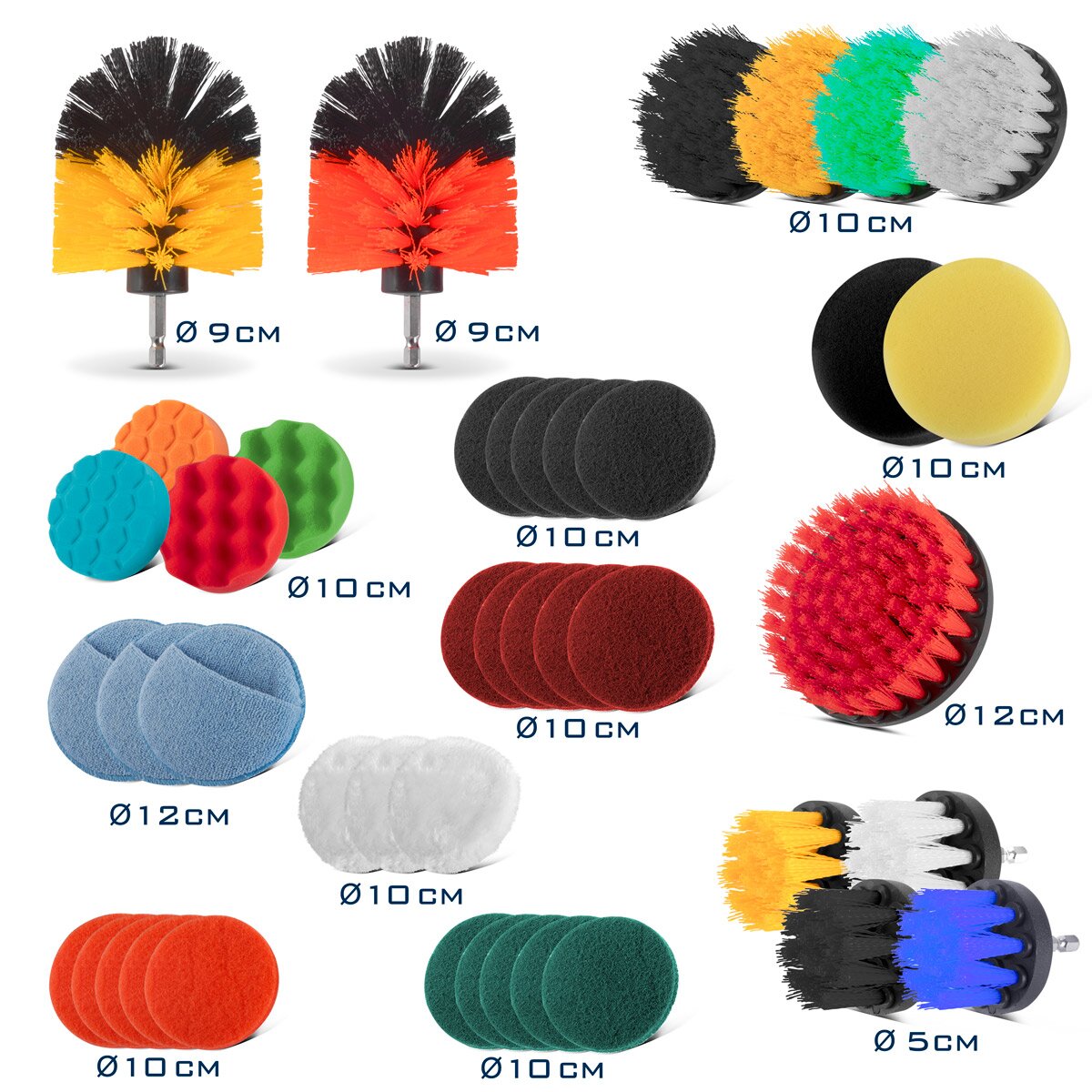 STAHLWERK brush attachment set of 45 for cordless screwdrivers and drills, Velcro sanding pads, cleaning brushes and polishing sponges with standard bit holder including extension adapter