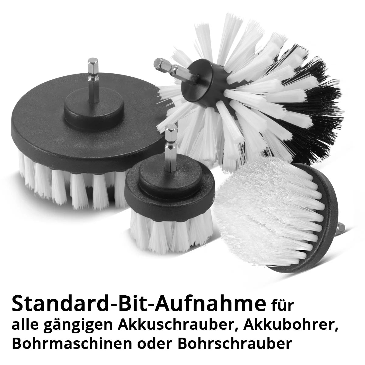 STAHLWERK Bürsten-Aufsatz 5er Set für Akkuschrauber und Bohrmaschinen, Reinigungs-, Polier- und Detailing-Bürsten mit Standard-Bit-Aufnahme inklusive Verlängerungs-Adapter