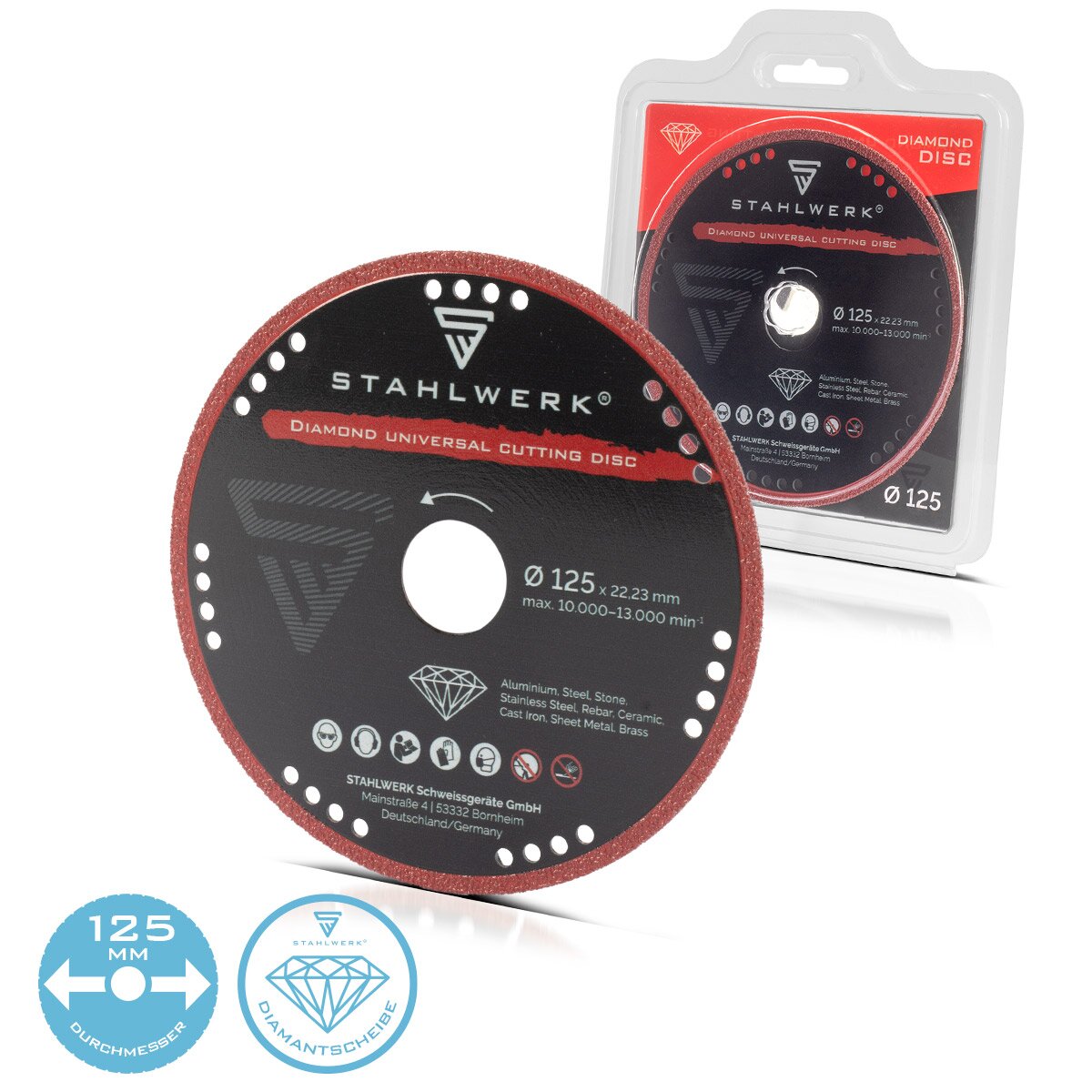 STAHLWERK diamond universal cutting disc 125 x 22.23 mm | Aluminum, steel, stone, glass | High cutting precision & long service life