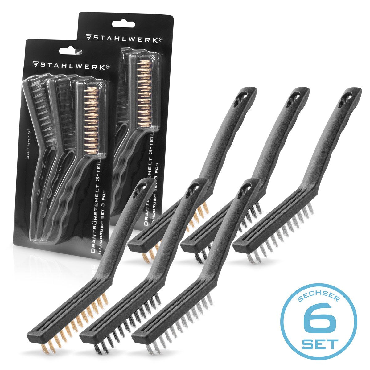 STAHLWERK Drahtbürsten Set 220 mm (9 Zoll) 6-teiliger Bürstensatz aus Messingbürste, Stahlbürste und Nylonbürste zum effektiven Reinigen von Oberflächen