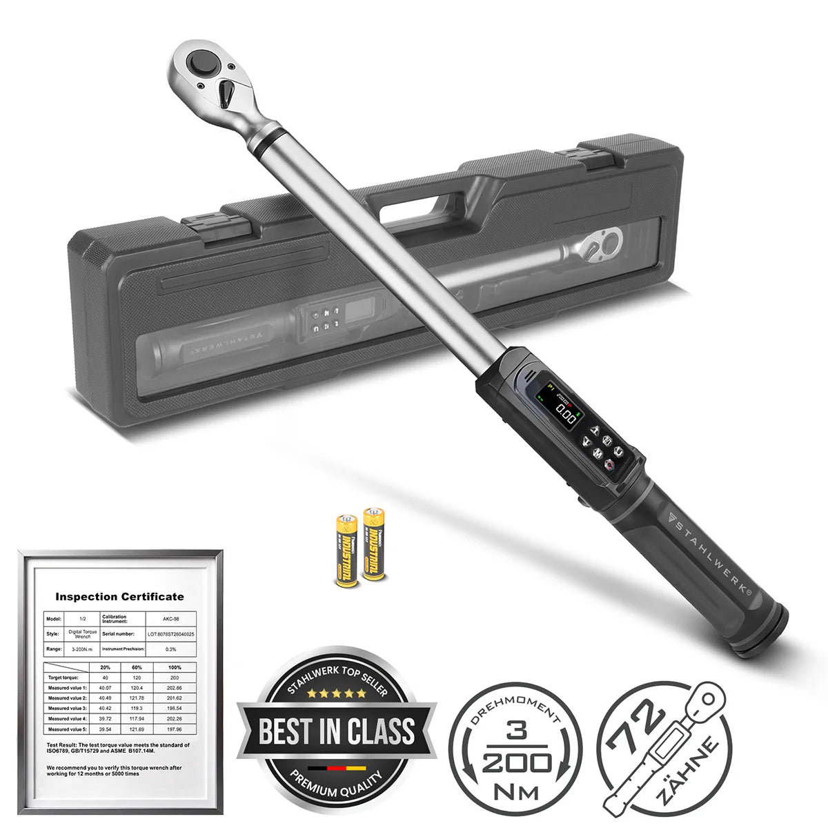 Llave dinamométrica digital STAHLWERK 3-200 Nm montaje 1/2" | 72 dientes | 510 mm | con certificado de calibración | carraca reversible | llave de carraca | carraca | pantalla LED y caja de transporte